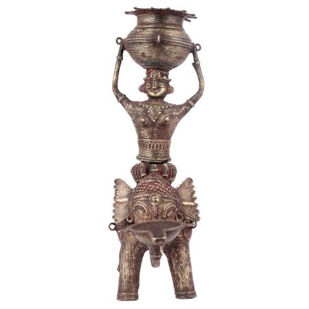Brass Oil Lamp with Bowl Being Held by a Woman on Elephant