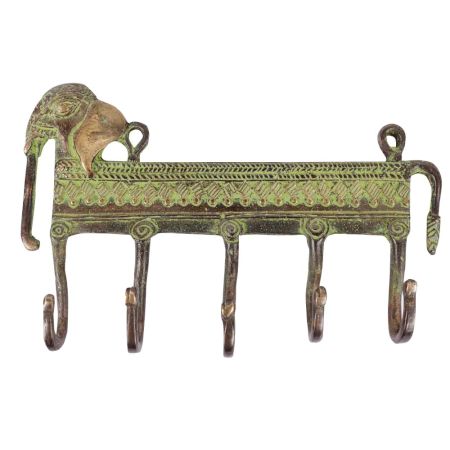 Brass Elephant Five Wall Hooks with Patina