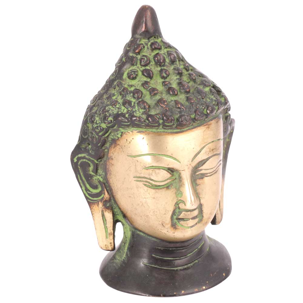 Brass Green Patina Buddha Head Statue