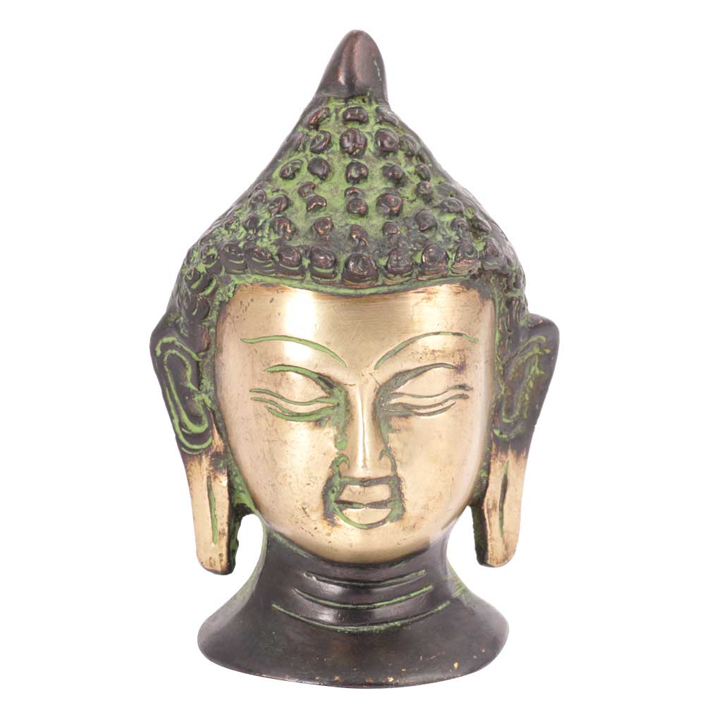 Brass Green Patina Buddha Head Statue