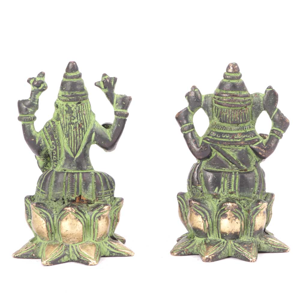 Brass Lakshmi Ganesh Seated on a Lotus Patina Statue