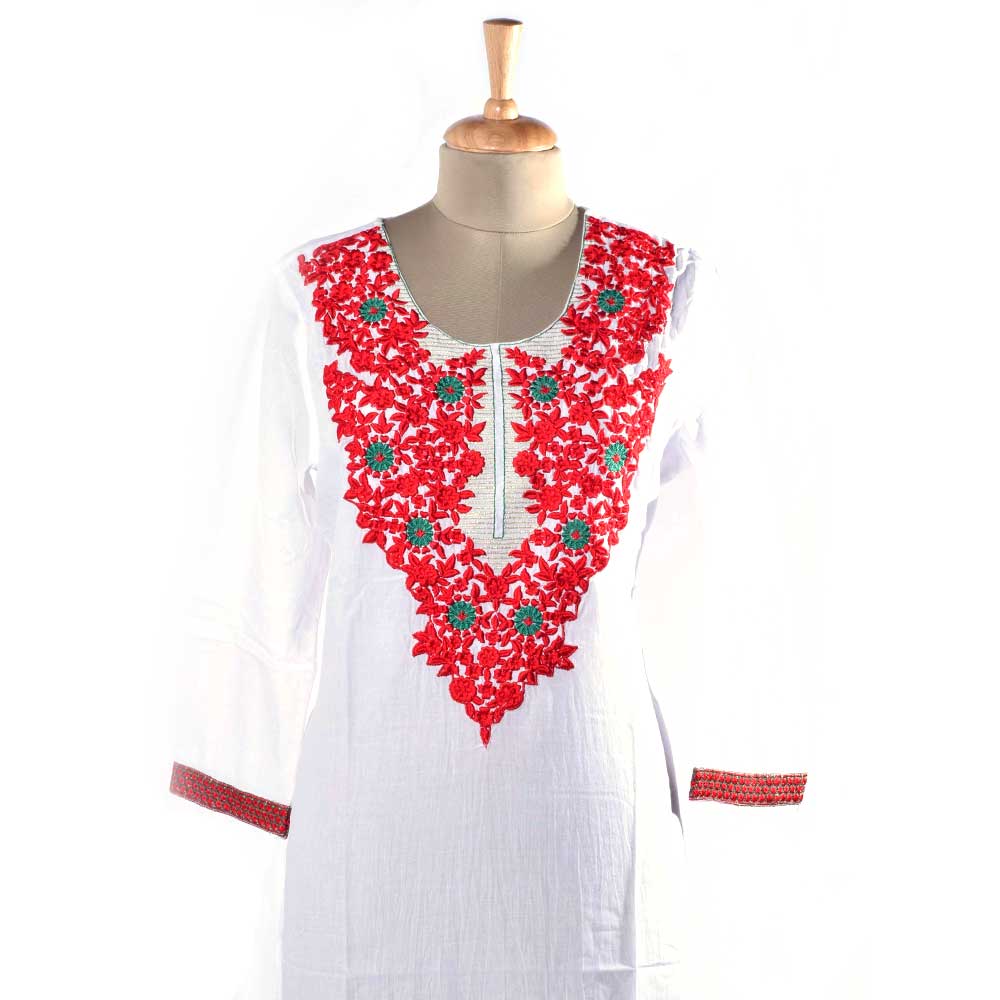 White Cotton kurti With Red Kashmiri Embroidery