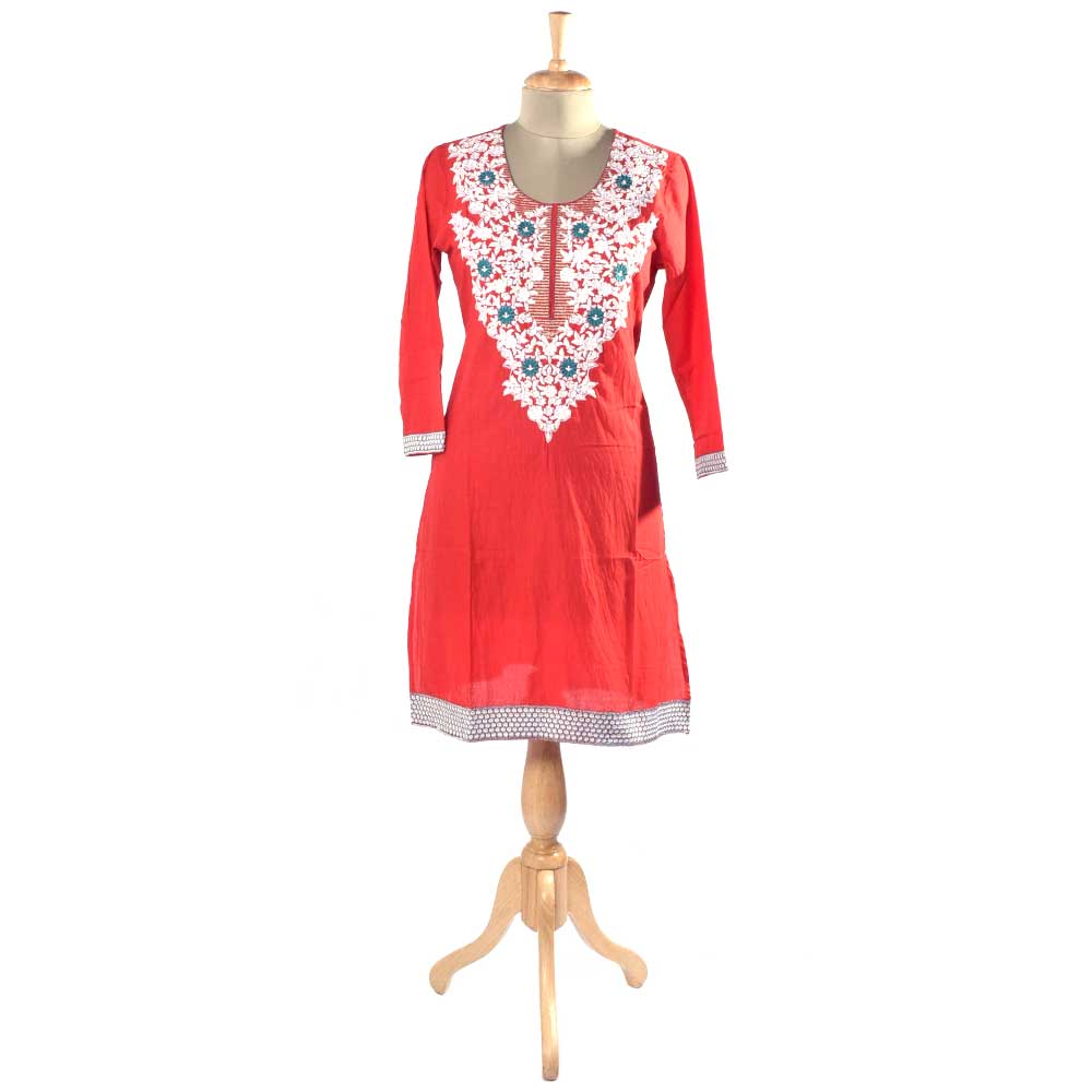 Red Cotton Kurti with White Kashmiri Embroidery