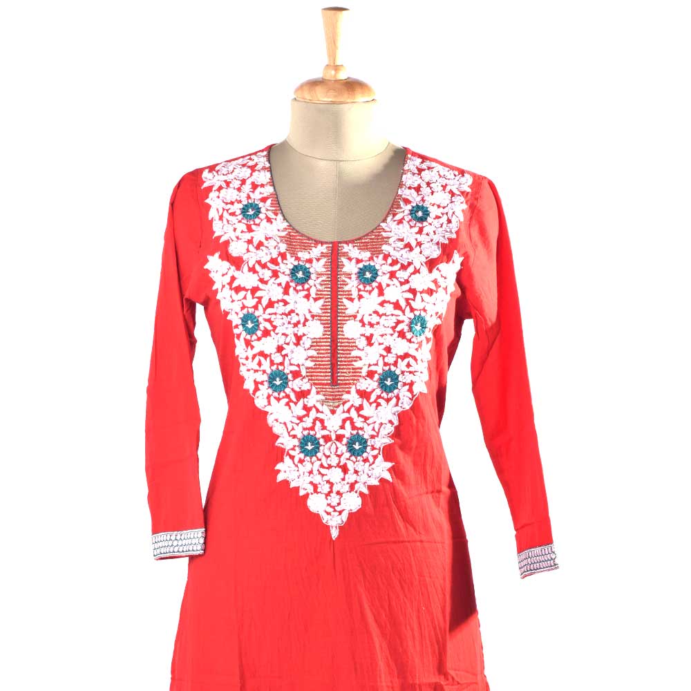 Red Cotton Kurti with White Kashmiri Embroidery