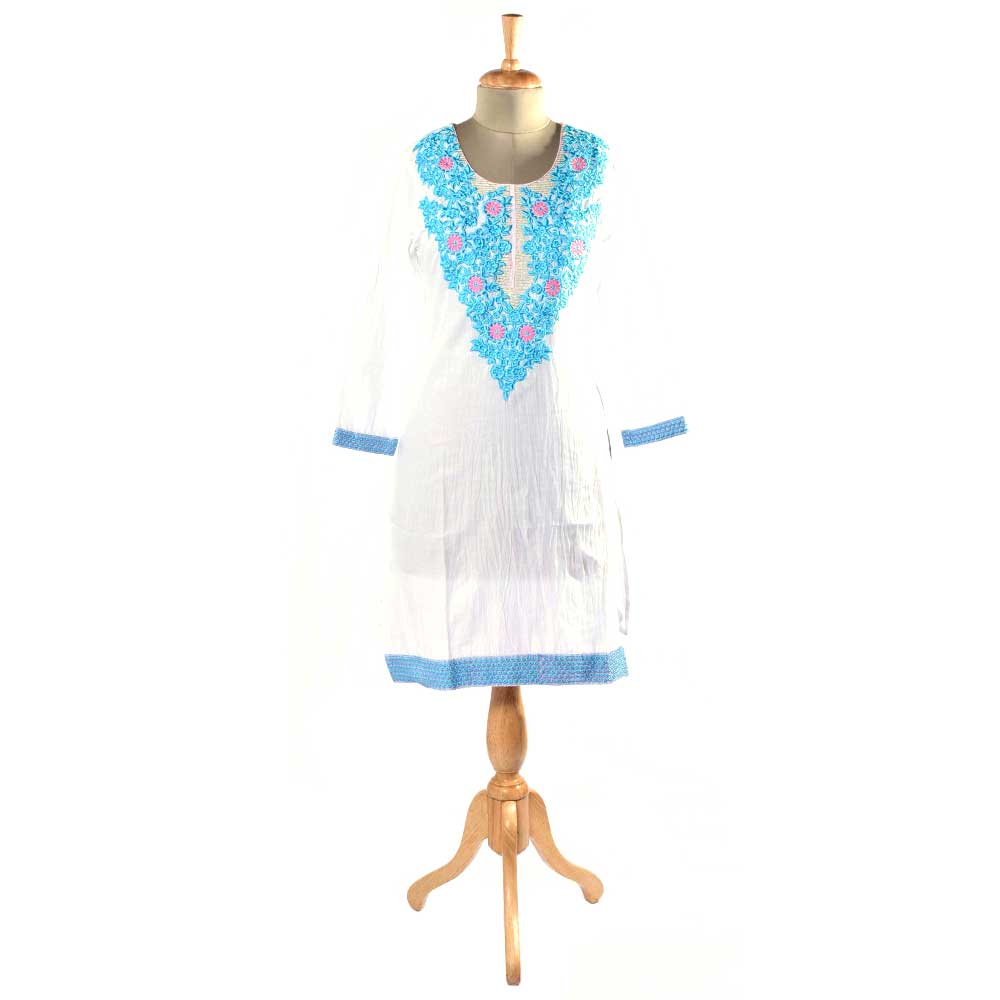White Cotton kurti With Blue  Kashmiri Embroidery