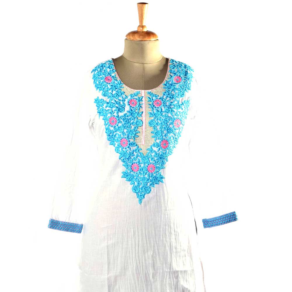 White Cotton kurti With Blue  Kashmiri Embroidery