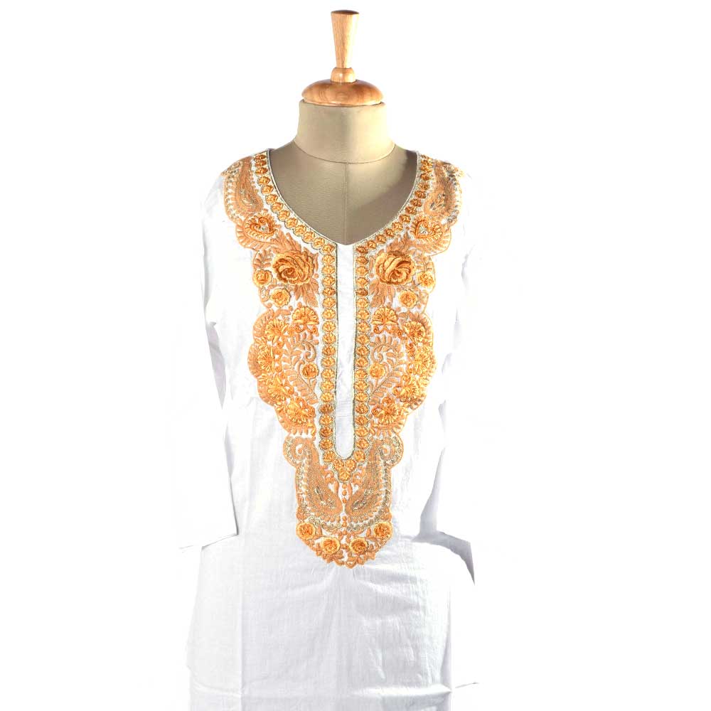 White Cotton kurti With Beige Kashmiri Embroidery