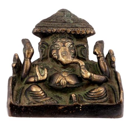 Brass Ganesh Statue Sitting on Throne in Royal Easy Posture Blessing