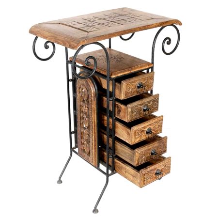 Wooden And Wrought Iron Hand Carved Cabinet With 6 Drawer