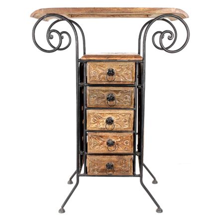 Wooden And Wrought Iron Hand Carved Cabinet With 6 Drawer