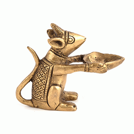 Brass Rat Holding Diya Statue