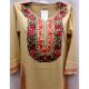 Beige Stitched Red Leaves Embroidered Cotton Kurti