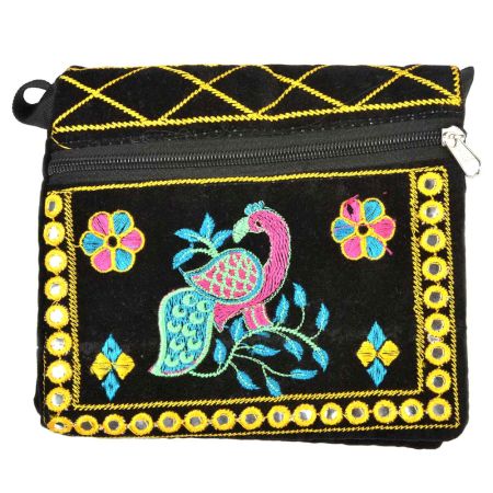 Black Peacock Embroidered Flap Red Canvas Sling Bag