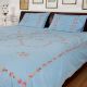 Light Blue Embroidered Cotton Double Pink Flowers Bedsheet With Two Pillow Covers