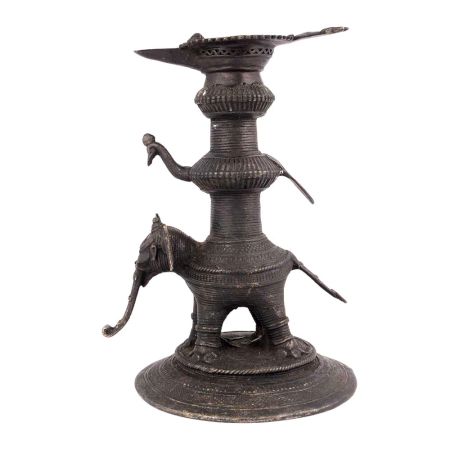 Bronze Oil Lamp With Elephant And Peacock