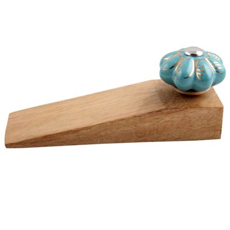Light Blue Golden Leaf Big Melon Ceramic Wooden Door Stopper