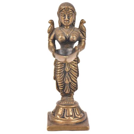 Lady Holding Diya In Her Hands And 2 Birds On Each Shoulder Bronze Figurine