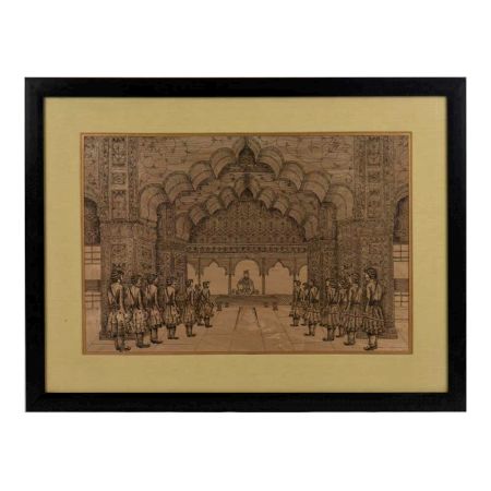 Lithograph of Court Room Scene with the Last Mughal Emperor in Frame