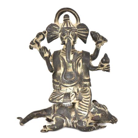 Bronze Vintage Finishing Ganesha Sitting On Seated Mushak Figurine 