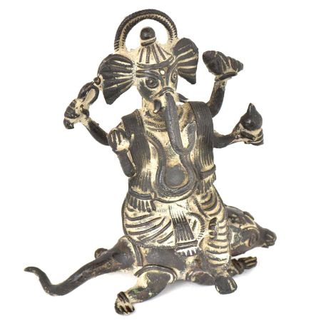 Bronze Vintage Finishing Ganesha Sitting On Seated Mushak Figurine 