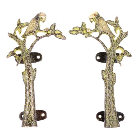 Decorative Green Parrot Brass Door Handle - Set of 2