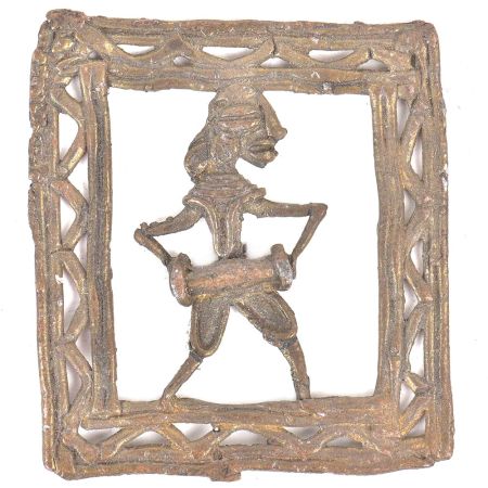Brass Rustic Dhokra Wall Art Hanging Tribal Man Playing Dholak