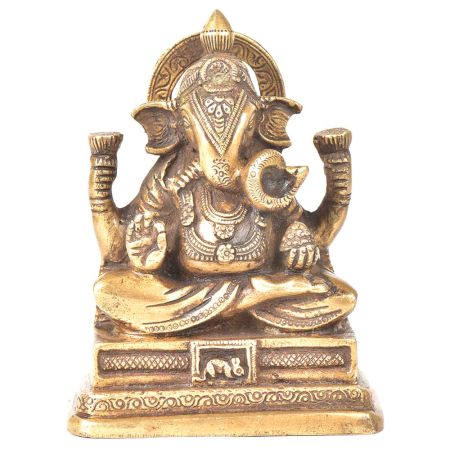 Brass Sitting Charbhuja Ganesha On a Raised Platform