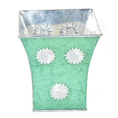 Green Silver Engraved Metal Flower Pots and Planters In Set Of 3