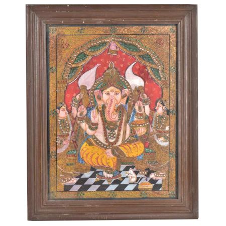 Lord Ganesha His Two Wives Tanjore Painting With Frame