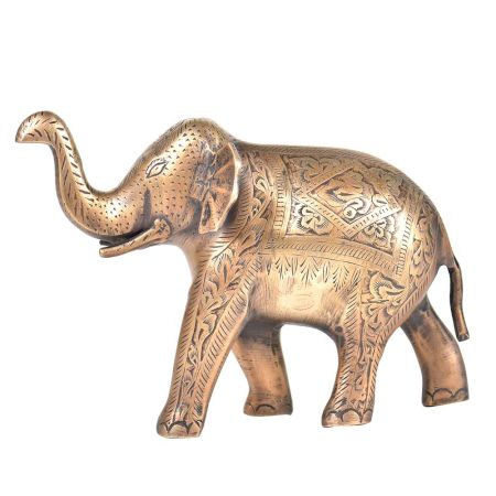Brass Floral Engraved Elephant Raised Trunk Statue
