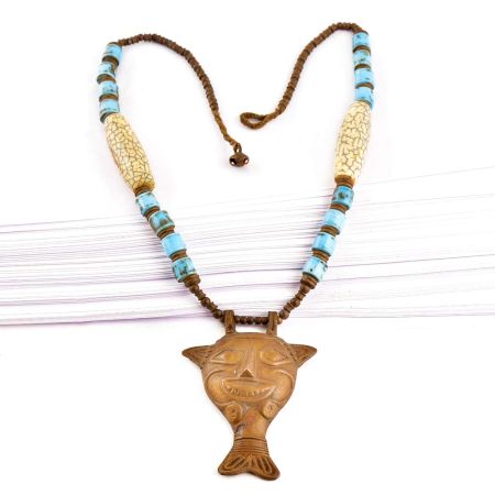 Tribal Brass Mask with Blue Beads Necklace
