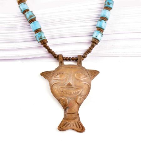 Tribal Brass Mask with Blue Beads Necklace