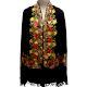 Black Semi Pashmina Stole With Red and Yellow Flower Embroidered Border