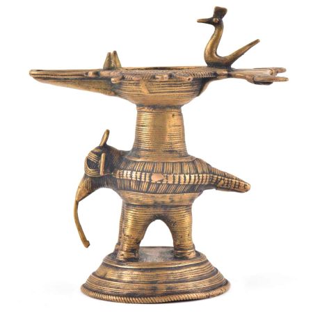 Brass Oil Lamp With peacock and Elephant Figurine