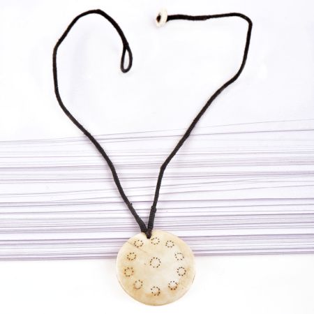 Round Engraved White Shell Pendant With Black Cord
