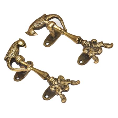 Two Brass Peacocks With Brass Parrot On Top Door Handle (In Pair)
