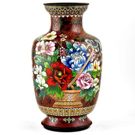 A  Cloisonne Enameled  Vase Decorated With Flowers on a Red Ground