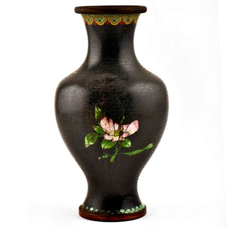 Vintage Black Cloisonne Floral Brass Vase