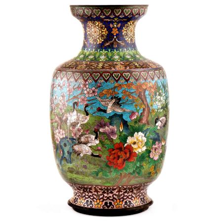Blue Cloisonne Vase w/CRANES & Flower Blossoms