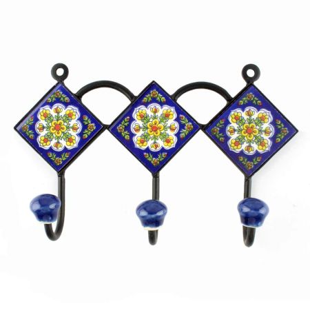 Navy Blue And Yellow Tiny Flower Ceramic Tiles Hook