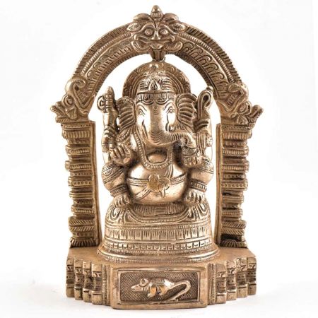 Sitting Lord Ganesh Ji Statue With Temple Arch In Brass