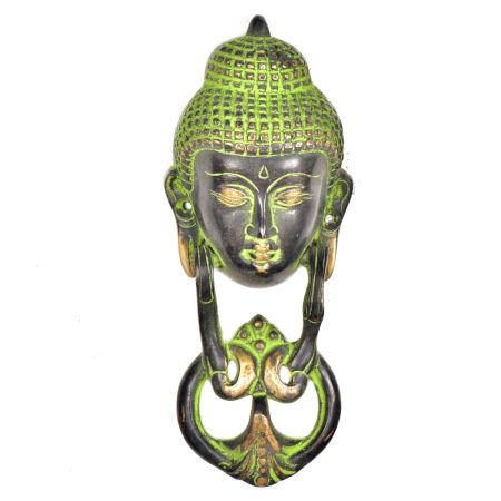 Brass Buddha Face Door Knocker in Rich Green Patina