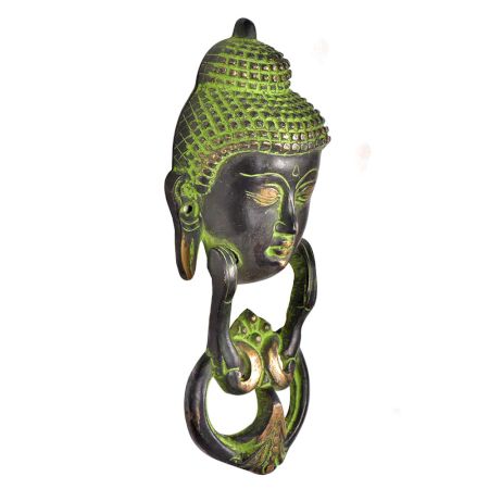 Brass Buddha Face Door Knocker in Rich Green Patina