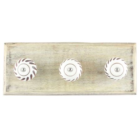White Etched Ceramic Floral Wooden Hooks