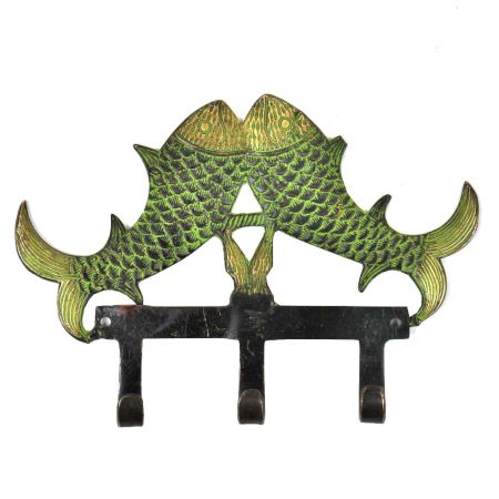 Decorative Paired 3 Brass Fish Wall Hook With Patina
