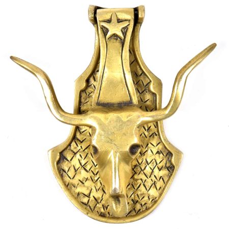 Golden Bull Head Knocker With Horns On An Engaved Base Plate