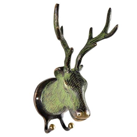 Green Patina Brass Deer or Elk Head with Antlers Two Hooks