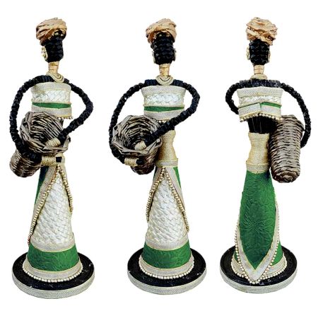 African Doll Showpiece In Green With Holding Basket With Two Hands