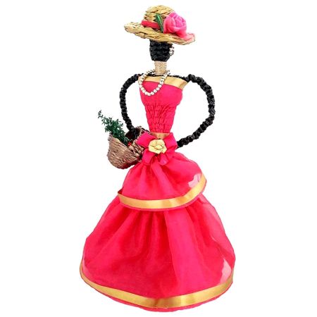 African Doll Showpiece In Dark Pink With Holding Basket By Oneside Hand