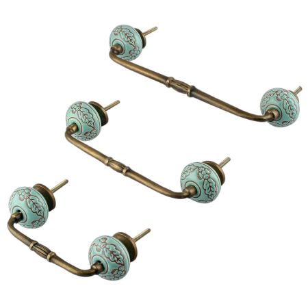 Sea Green Brown Leaf Flower Etched Ceramic Bridge Handle